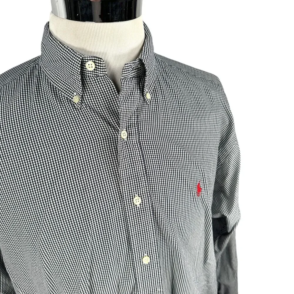 Polo Ralph Lauren Shirt Men's Large Navy Blue‎ Micro Gingham Button Blake Cotton